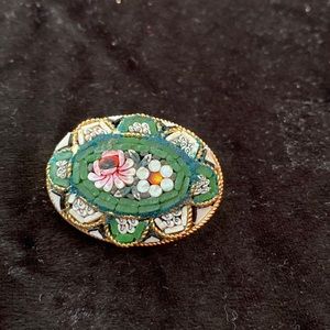 Micro Mosaic Antique Flower Grand Tour Italy Gold Tone Brooch